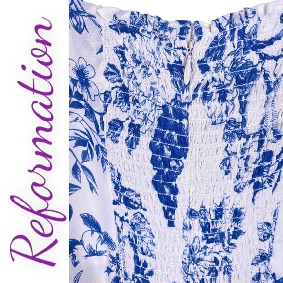NWT REFORMATION Cammi Ruffle Smocked Mini Dress In Corsica Blue Floral Print, 8 - Picture 4 of 6